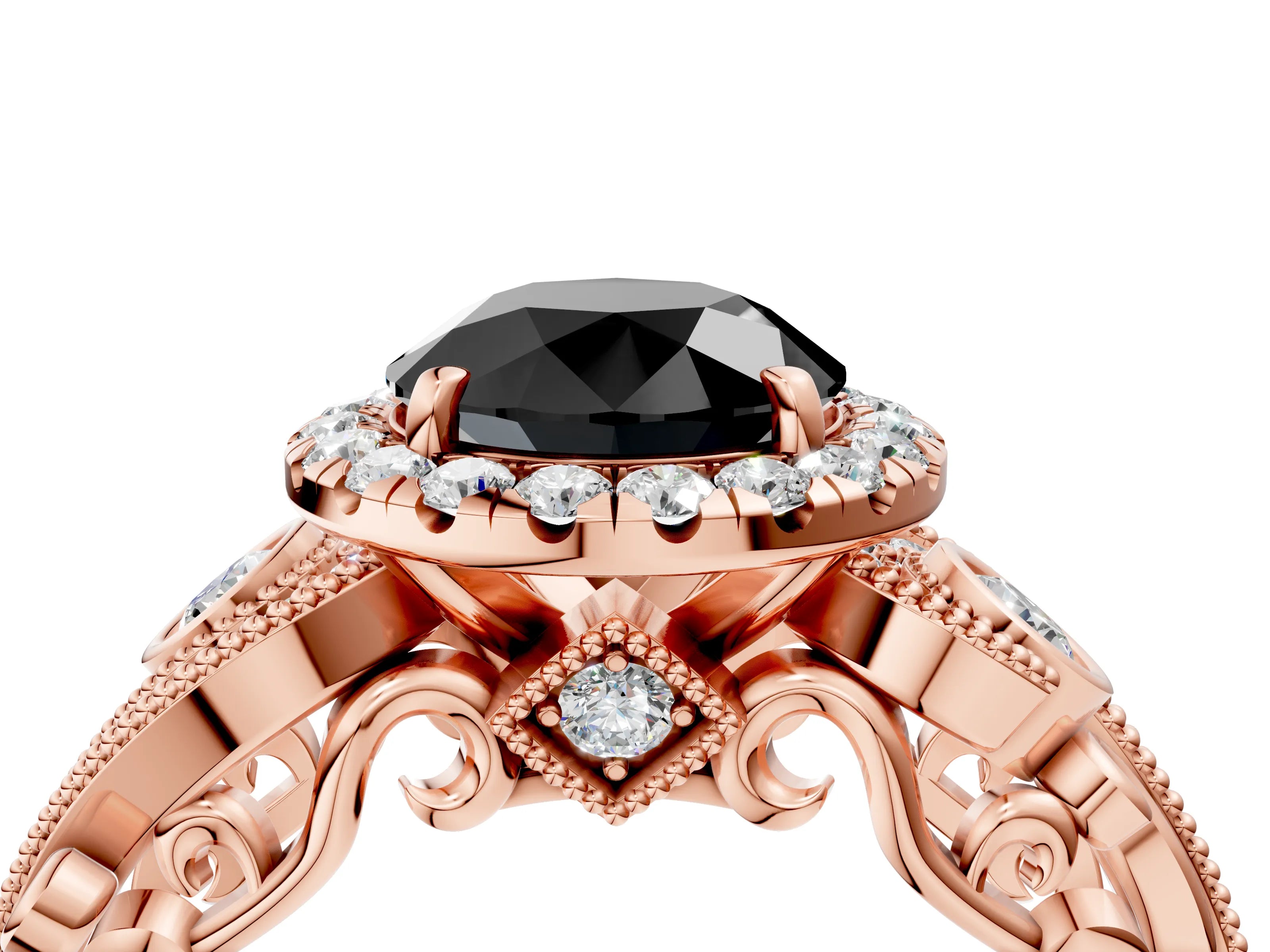 Rose gold Fancy Black Round Cut Halo Diamond Ring with Milgrain and Bezel Accents on a Split Shank Band_4