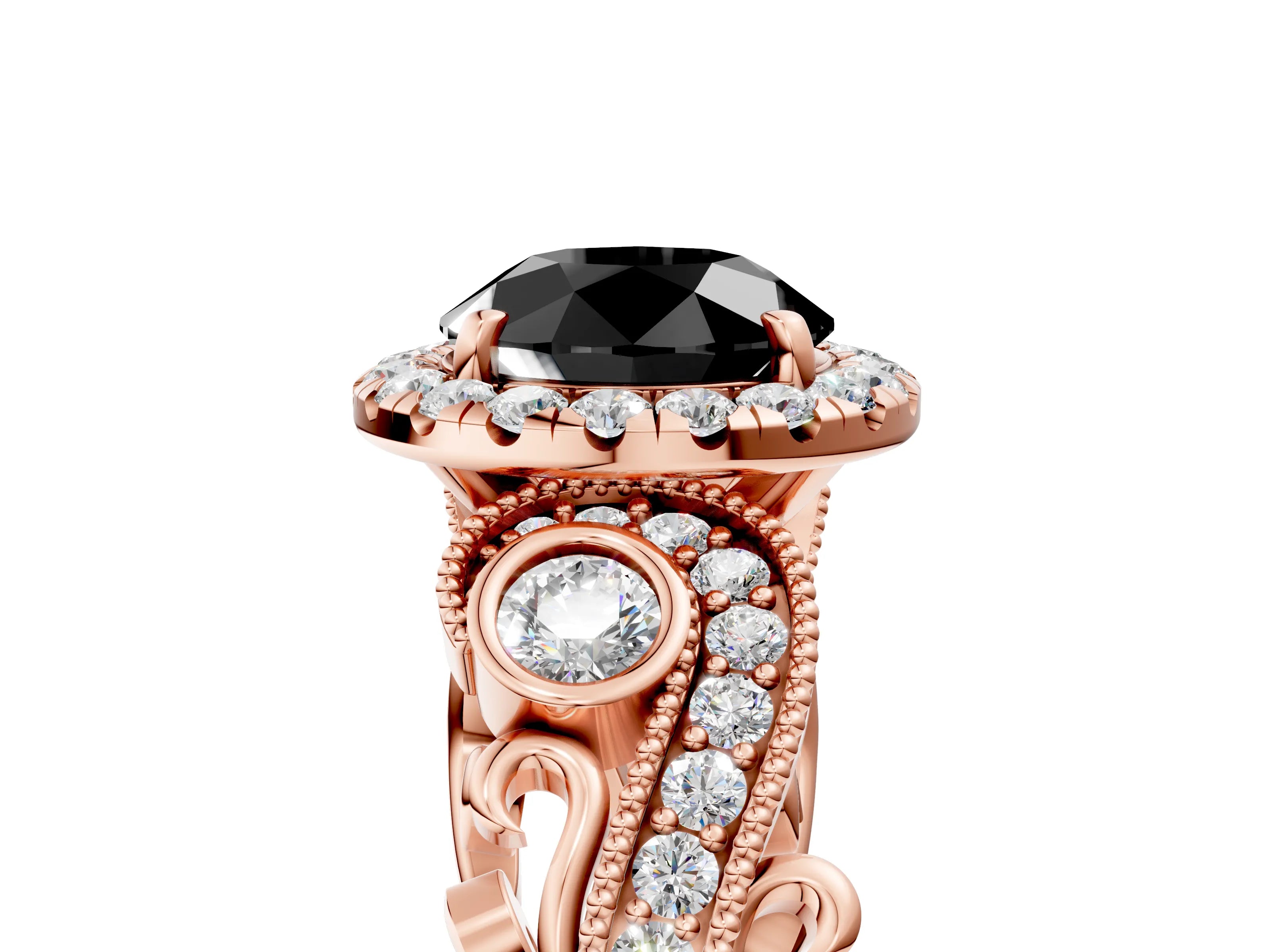 Rose gold Fancy Black Round Cut Halo Diamond Ring with Milgrain and Bezel Accents on a Split Shank Band_5