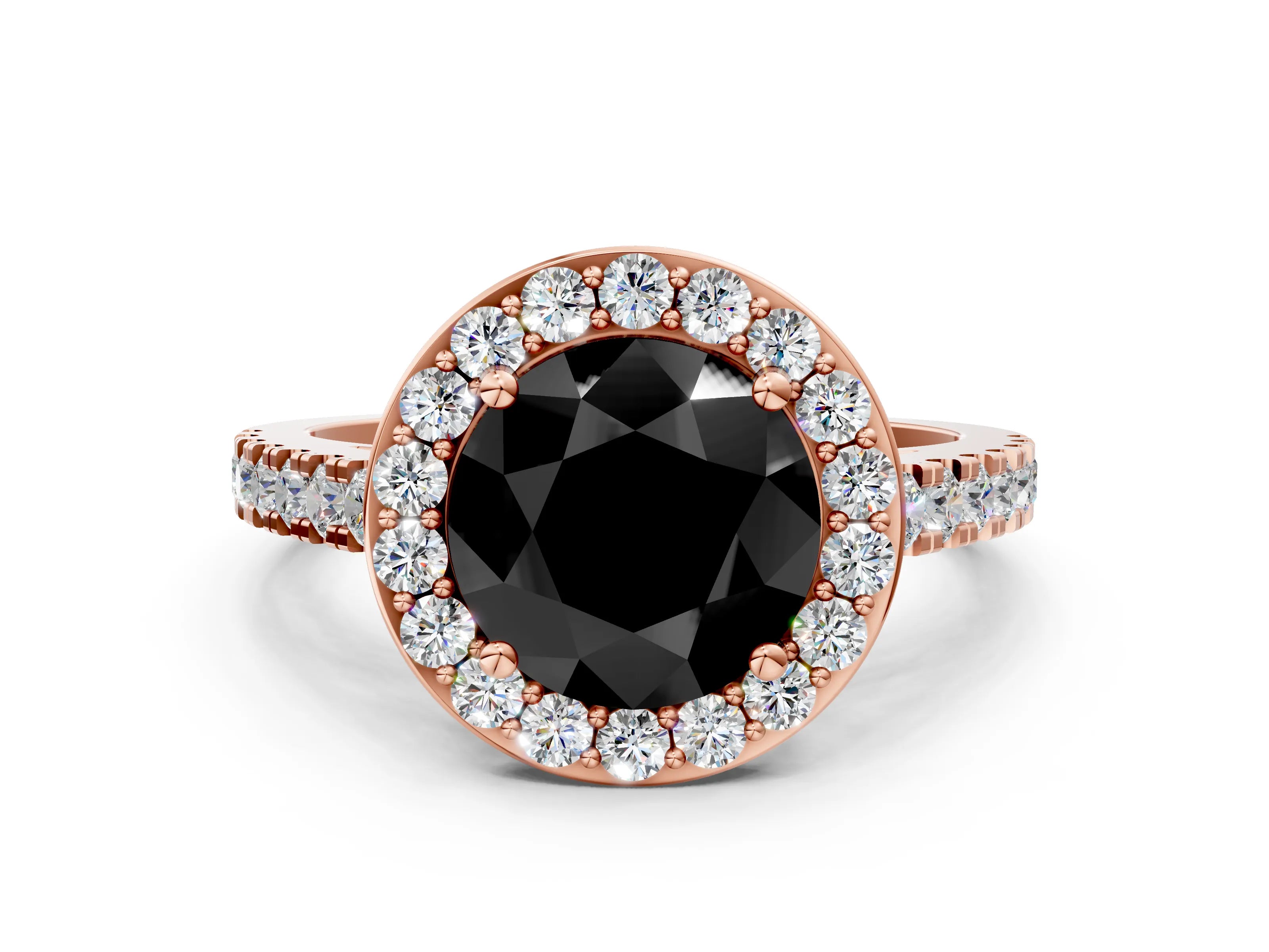 Rose gold Fancy Black Round Cut Halo Diamond Ring with Pavé Band and Three-Prong Setting