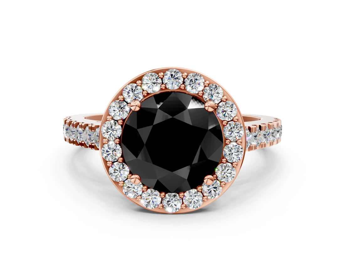 Rose gold Fancy Black Round Cut Halo Diamond Ring with Pavé Band and Three-Prong Setting