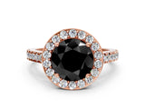 Rose gold Fancy Black Round Cut Halo Diamond Ring with Pavé Band and Three-Prong Setting