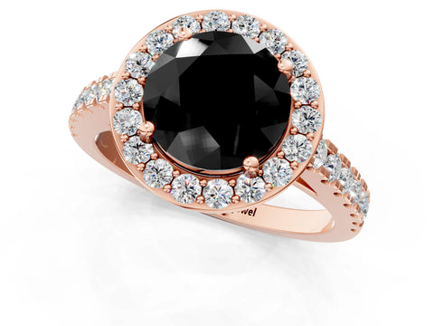 Rose gold Fancy Black Round Cut Halo Diamond Ring with Pavé Band and Three-Prong Setting_1