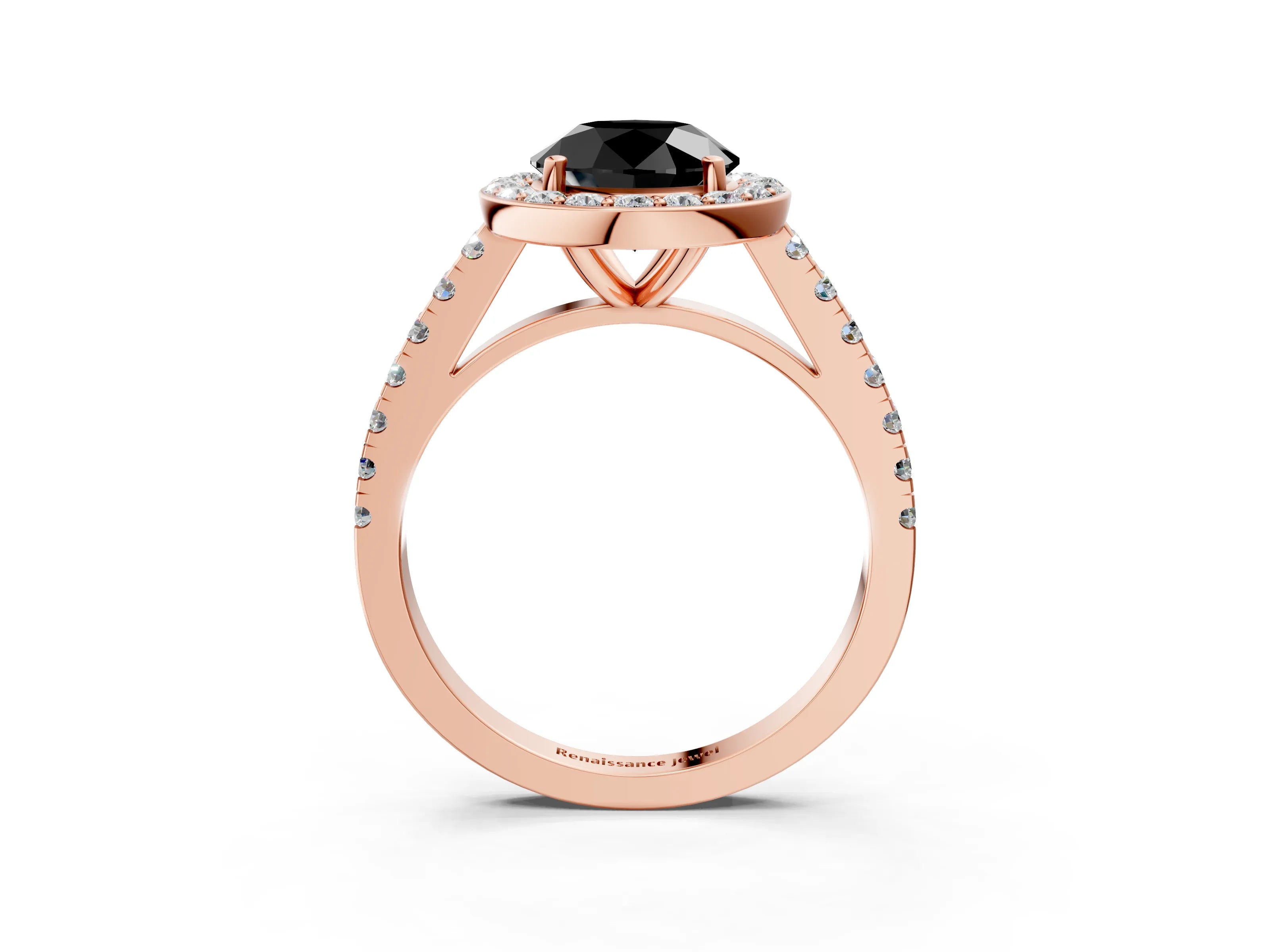 Rose gold Fancy Black Round Cut Halo Diamond Ring with Pavé Band and Three-Prong Setting_3