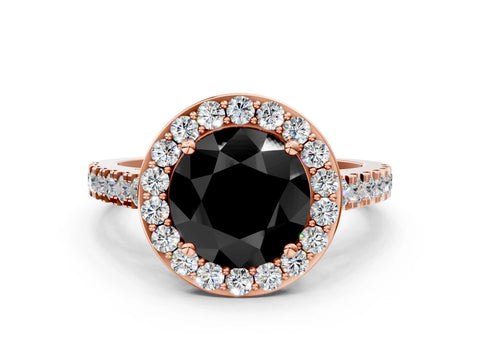 Rose gold Fancy Black Round Cut Halo Diamond Ring with Pavé Band and Three-Prong Setting