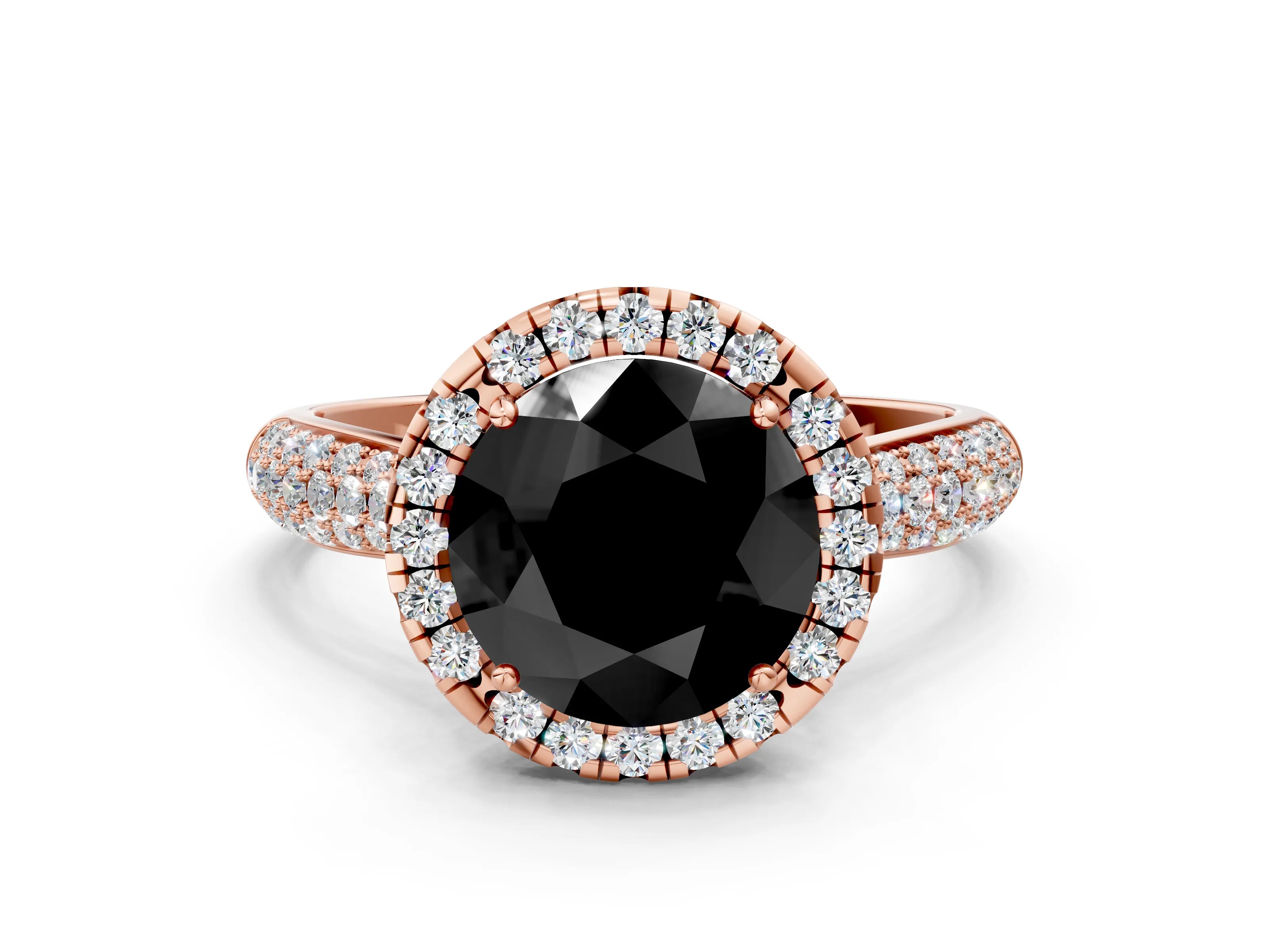 Rose gold Fancy Black Round Cut Halo Diamond Ring with Pavé Band