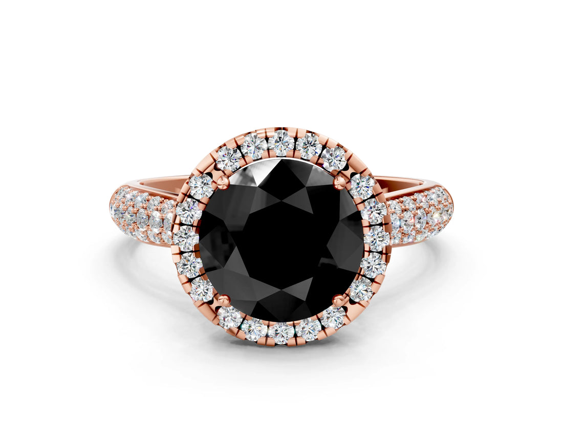 Rose gold Fancy Black Round Cut Halo Diamond Ring with Pavé Band