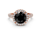Rose gold Fancy Black Round Cut Halo Diamond Ring with Pavé Band