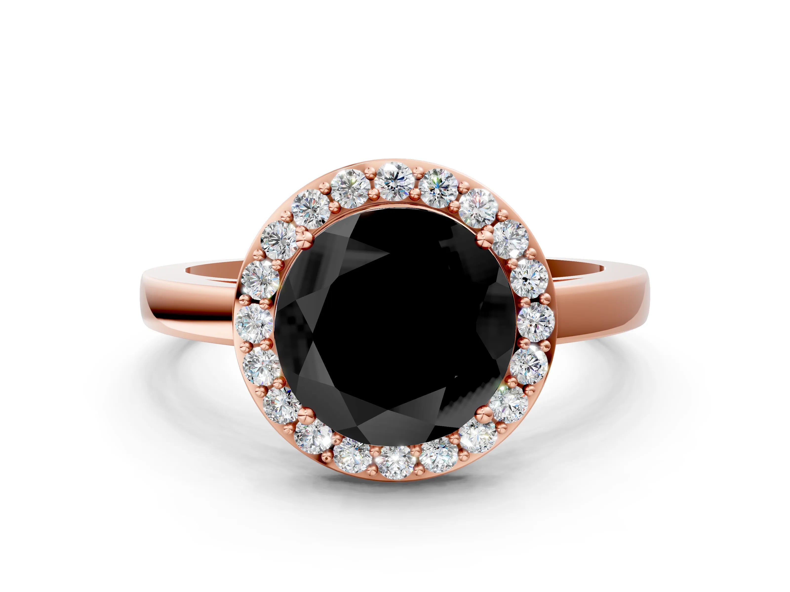 Rose gold Fancy Black Round Cut Halo Diamond Ring with Solitaire Band and Prong Setting