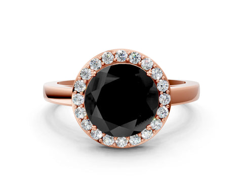 Rose gold Fancy Black Round Cut Halo Diamond Ring with Solitaire Band and Prong Setting