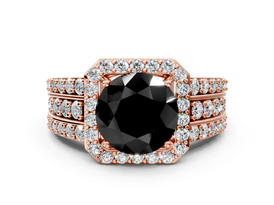 Rose gold Fancy Black Round Cut Halo Diamond Ring with Split Shank and Four-Prong Setting