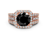 Rose gold Fancy Black Round Cut Halo Diamond Ring with Split Shank and Four-Prong Setting