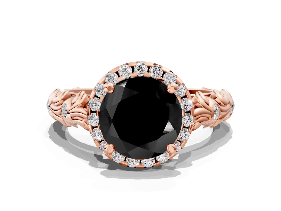 Rose gold Fancy Black Round Cut Halo Diamond Solitaire with Filigree Band and Four-Prong Setting
