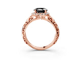 Rose gold Fancy Black Round Cut Halo Diamond Solitaire with Filigree Band and Four-Prong Setting_3