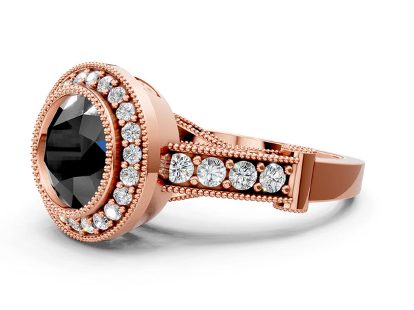 Rose Gold Round Vintage Bezel Halo Engagement Ring Setting for Black Center