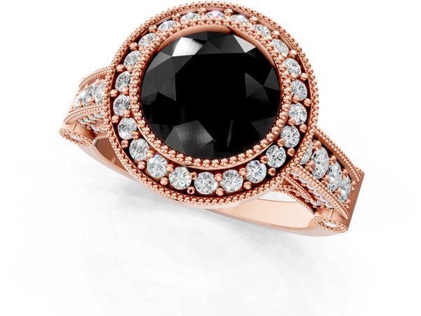 Rose Gold Round Vintage Bezel Halo Engagement Ring Setting for Black Center