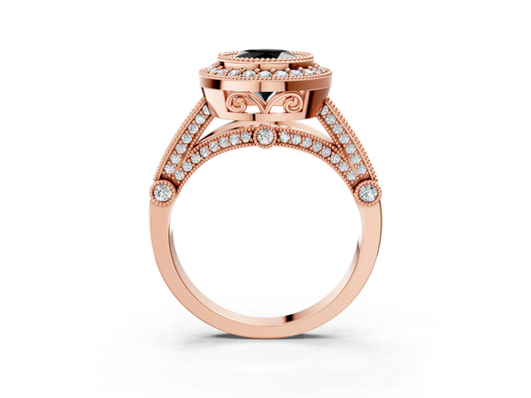 Rose Gold Round Vintage Bezel Halo Engagement Ring Setting for Black Center