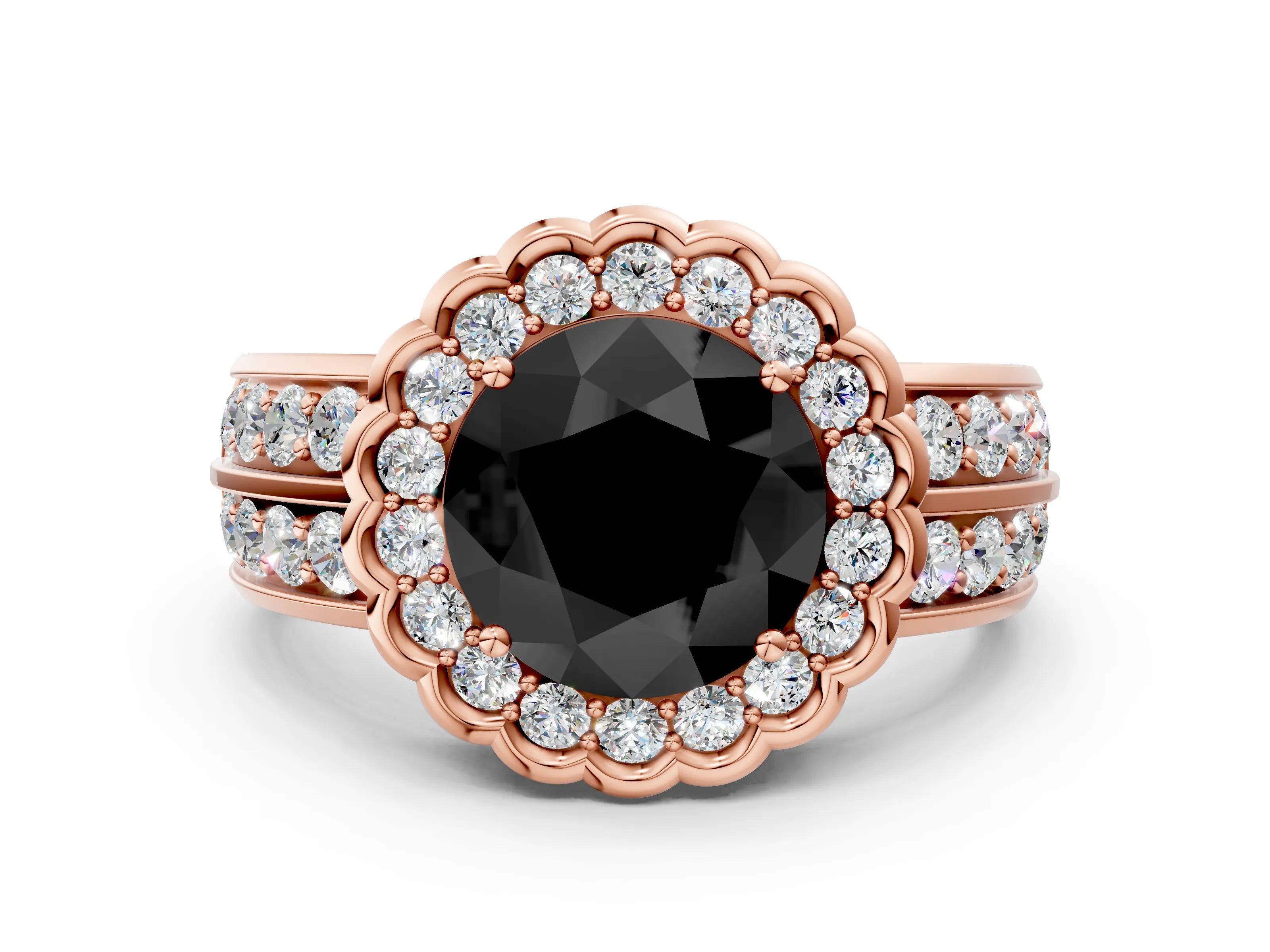 Rose gold Fancy Black Round Cut Halo Diamond Split Shank Ring with Scalloped Prong Setting