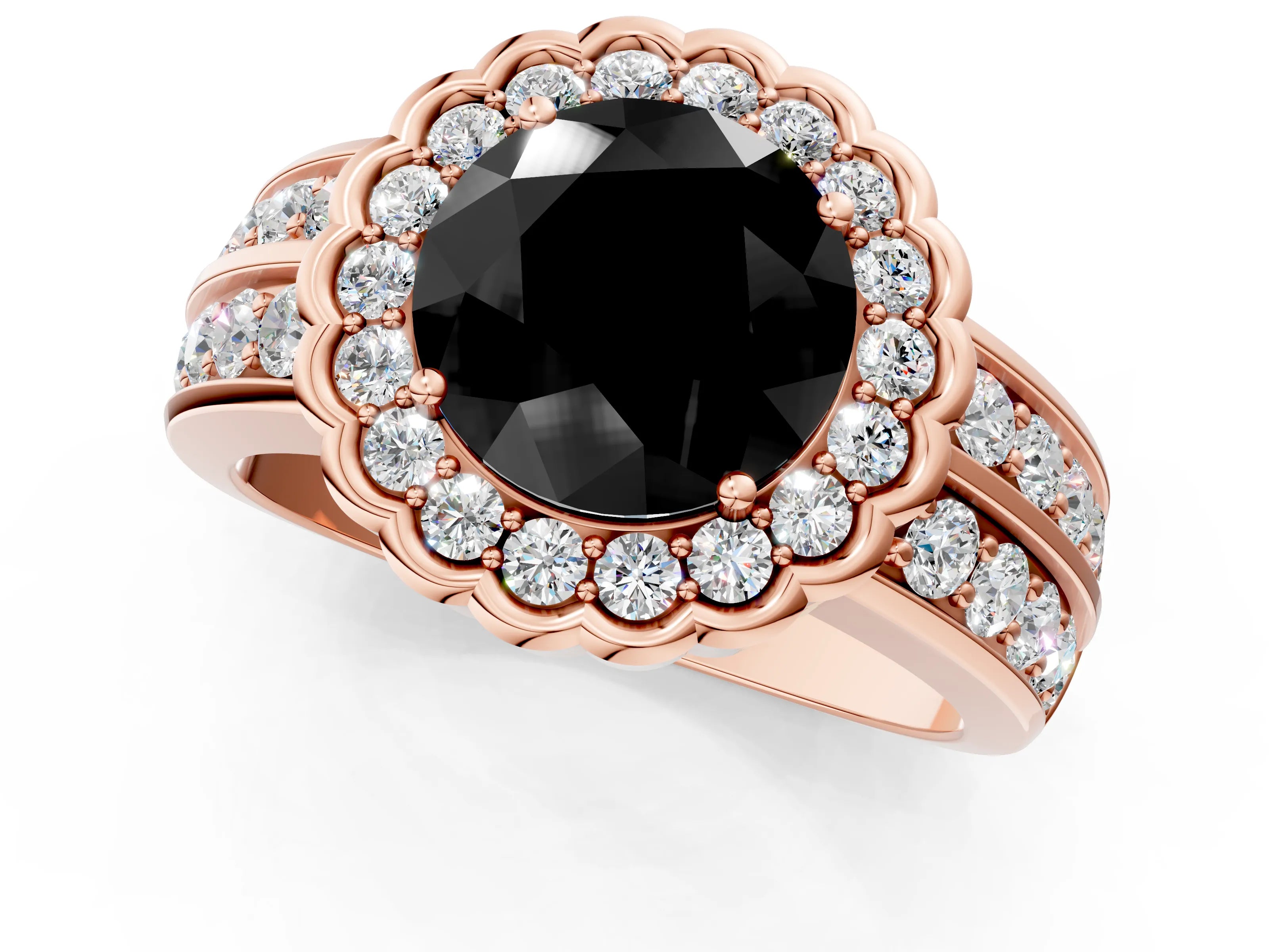 Rose gold Fancy Black Round Cut Halo Diamond Split Shank Ring with Scalloped Prong Setting_1