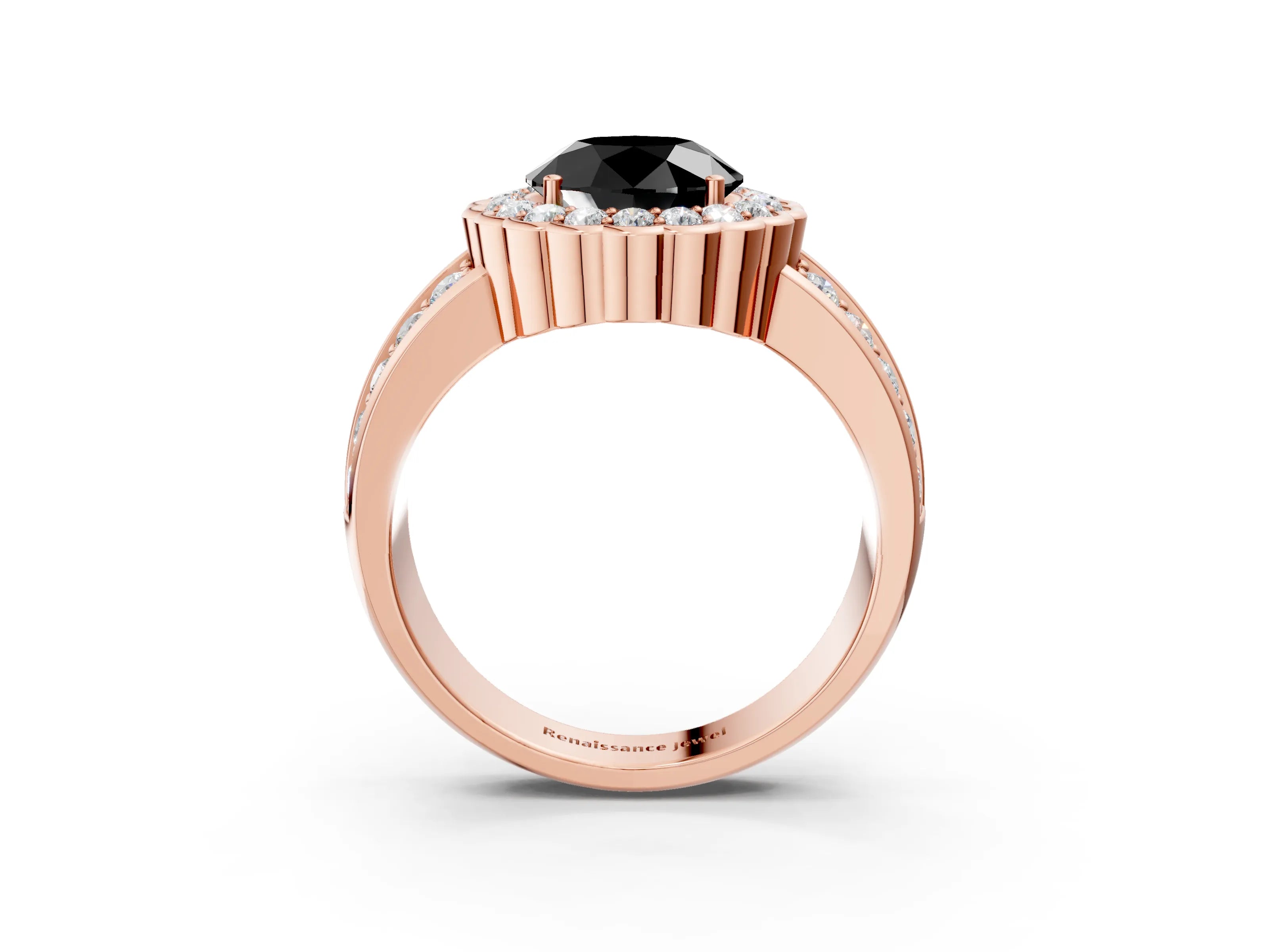 Rose gold Fancy Black Round Cut Halo Diamond Split Shank Ring with Scalloped Prong Setting_3