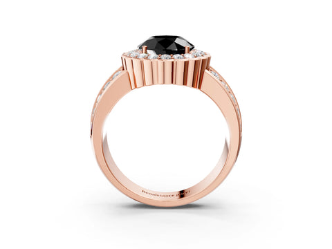 Rose gold Fancy Black Round Cut Halo Diamond Split Shank Ring with Scalloped Prong Setting_3