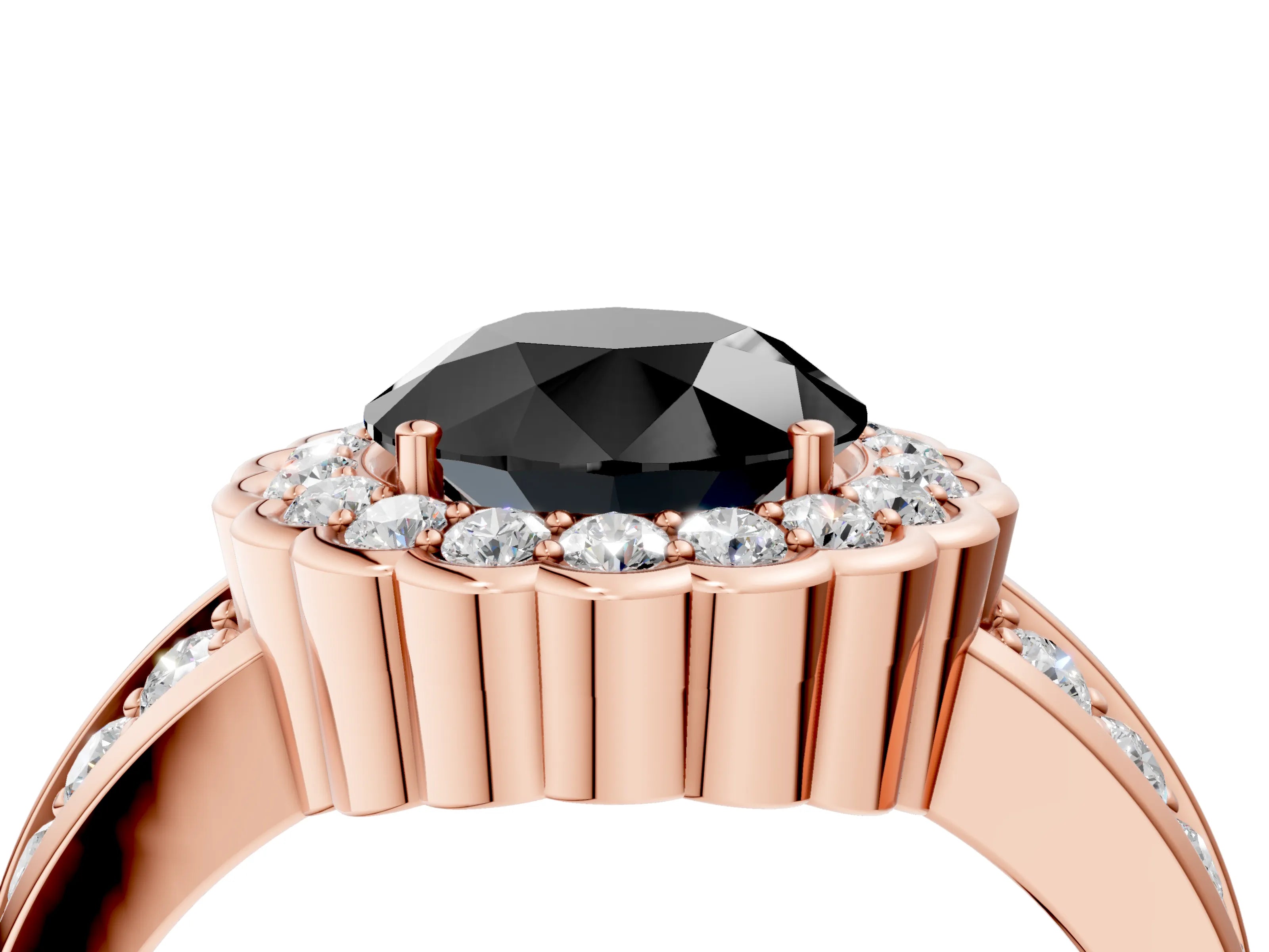 Rose gold Fancy Black Round Cut Halo Diamond Split Shank Ring with Scalloped Prong Setting_4