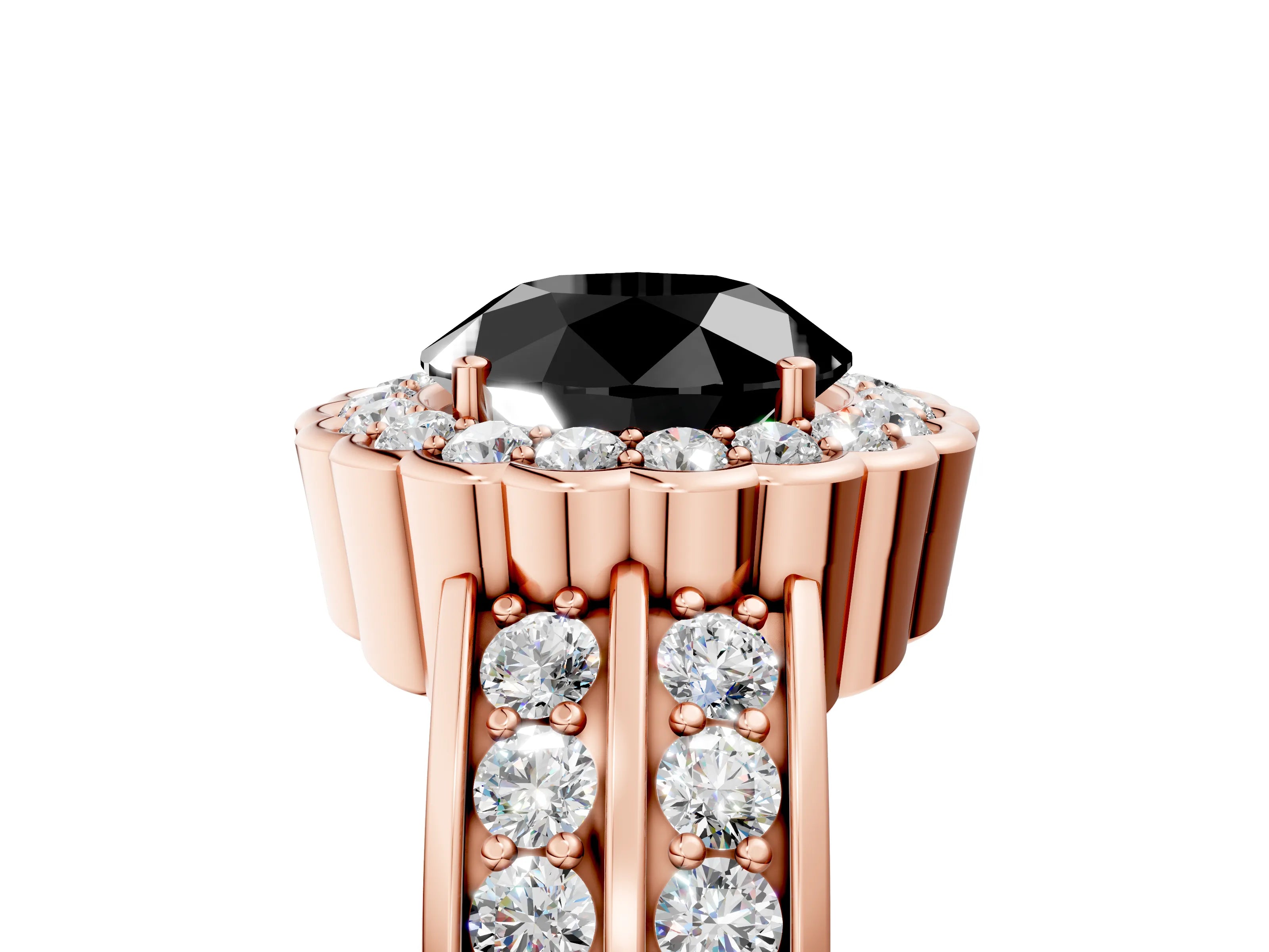 Rose gold Fancy Black Round Cut Halo Diamond Split Shank Ring with Scalloped Prong Setting_5