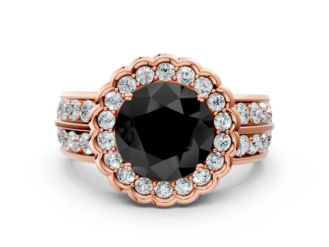 Rose gold Fancy Black Round Cut Halo Diamond Split Shank Ring with Scalloped Prong Setting