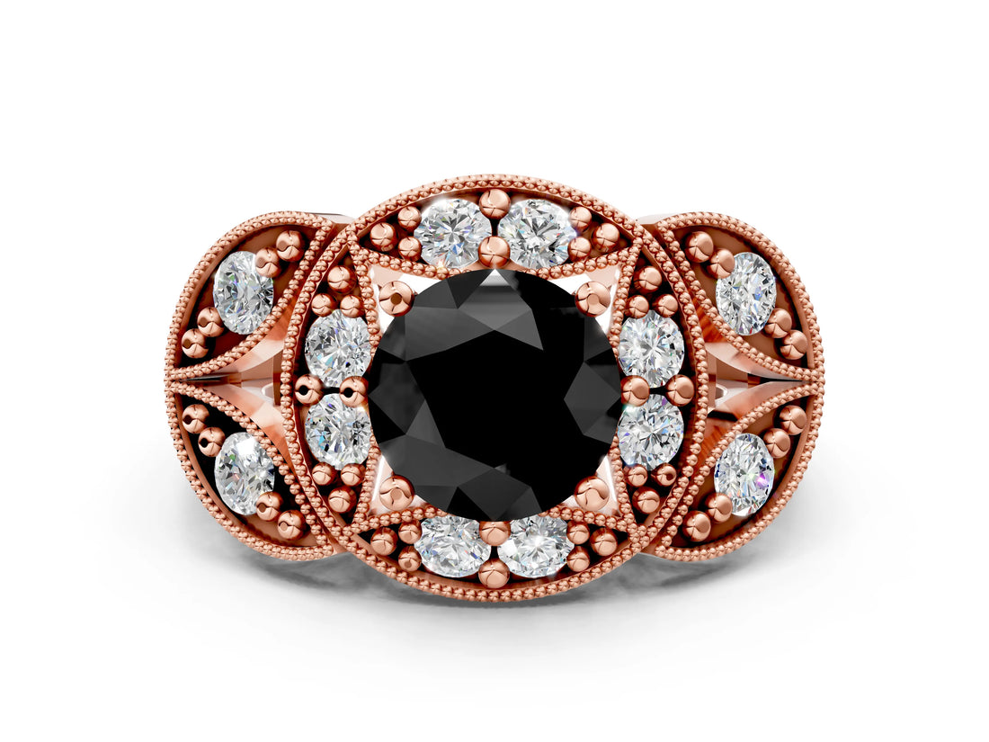 Rose gold Fancy Black Round Cut Halo Milgrain Diamond Engagement Ring with Leaf Band and Four-Prong Setting