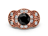 Rose gold Fancy Black Round Cut Halo Milgrain Diamond Engagement Ring with Leaf Band and Four-Prong Setting