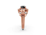Rose gold Fancy Black Round Cut Halo Milgrain Diamond Engagement Ring with Leaf Band and Four-Prong Setting_2