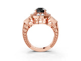 Rose gold Fancy Black Round Cut Halo Milgrain Diamond Engagement Ring with Leaf Band and Four-Prong Setting_3
