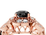 Rose gold Fancy Black Round Cut Halo Milgrain Diamond Engagement Ring with Leaf Band and Four-Prong Setting_4
