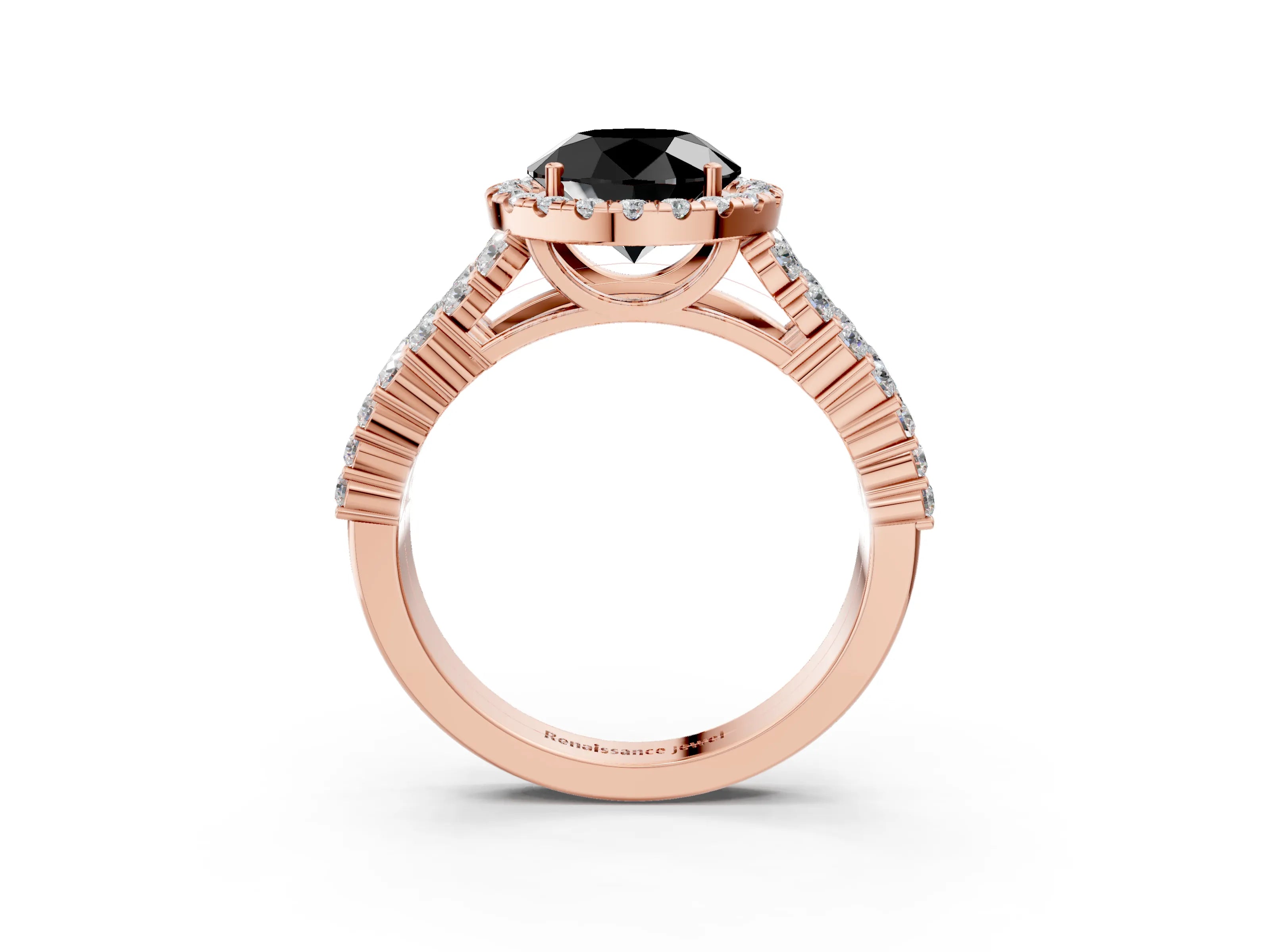 Rose gold Fancy Black Round Cut Halo Pavé Diamond Engagement Ring with Split Shank and Four-Prong Setting_6