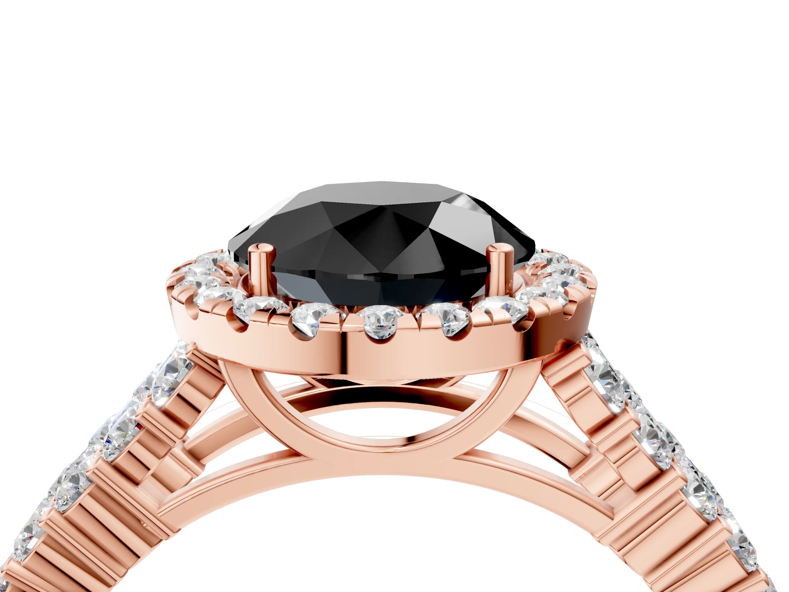 Rose gold Fancy Black Round Cut Halo Pavé Diamond Engagement Ring with Split Shank and Four-Prong Setting_7