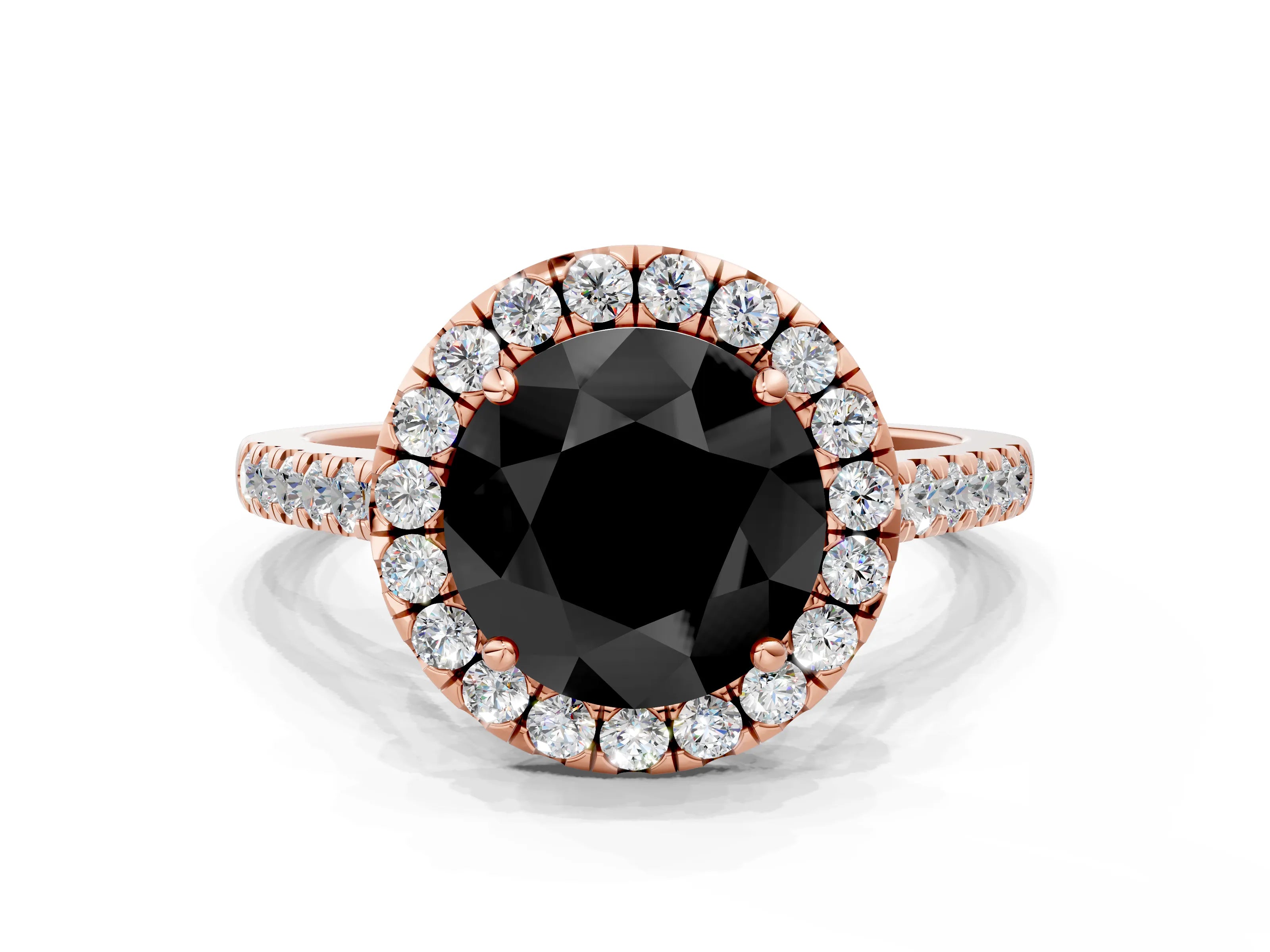 Rose gold Fancy Black Round Cut Halo Pave Diamond Engagement Ring with Four-Prong Setting