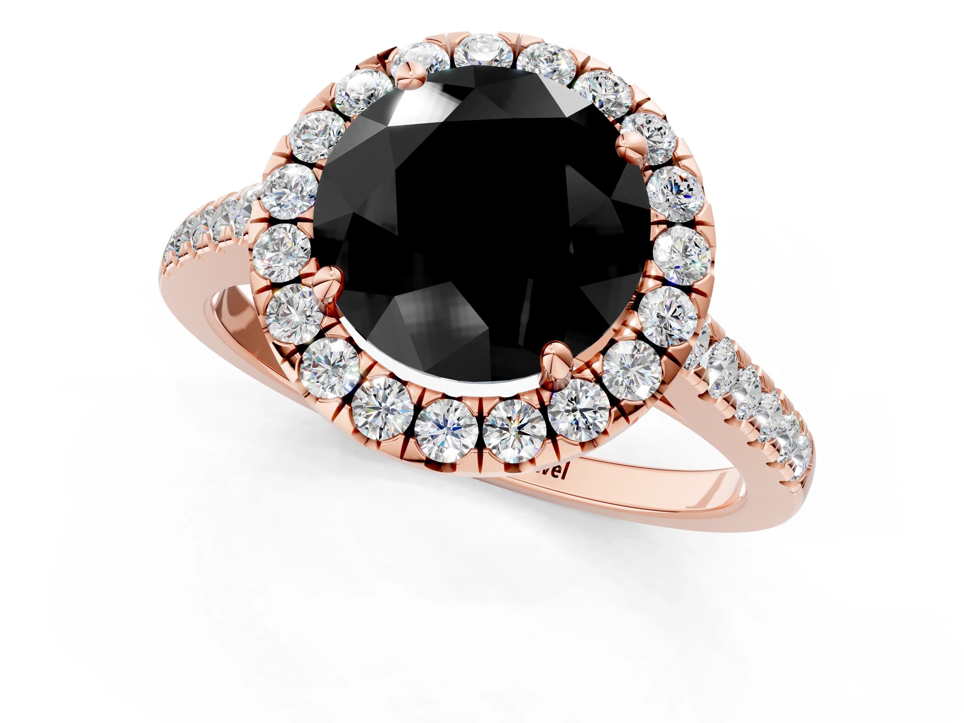 Rose gold Fancy Black Round Cut Halo Pave Diamond Engagement Ring with Four-Prong Setting_1