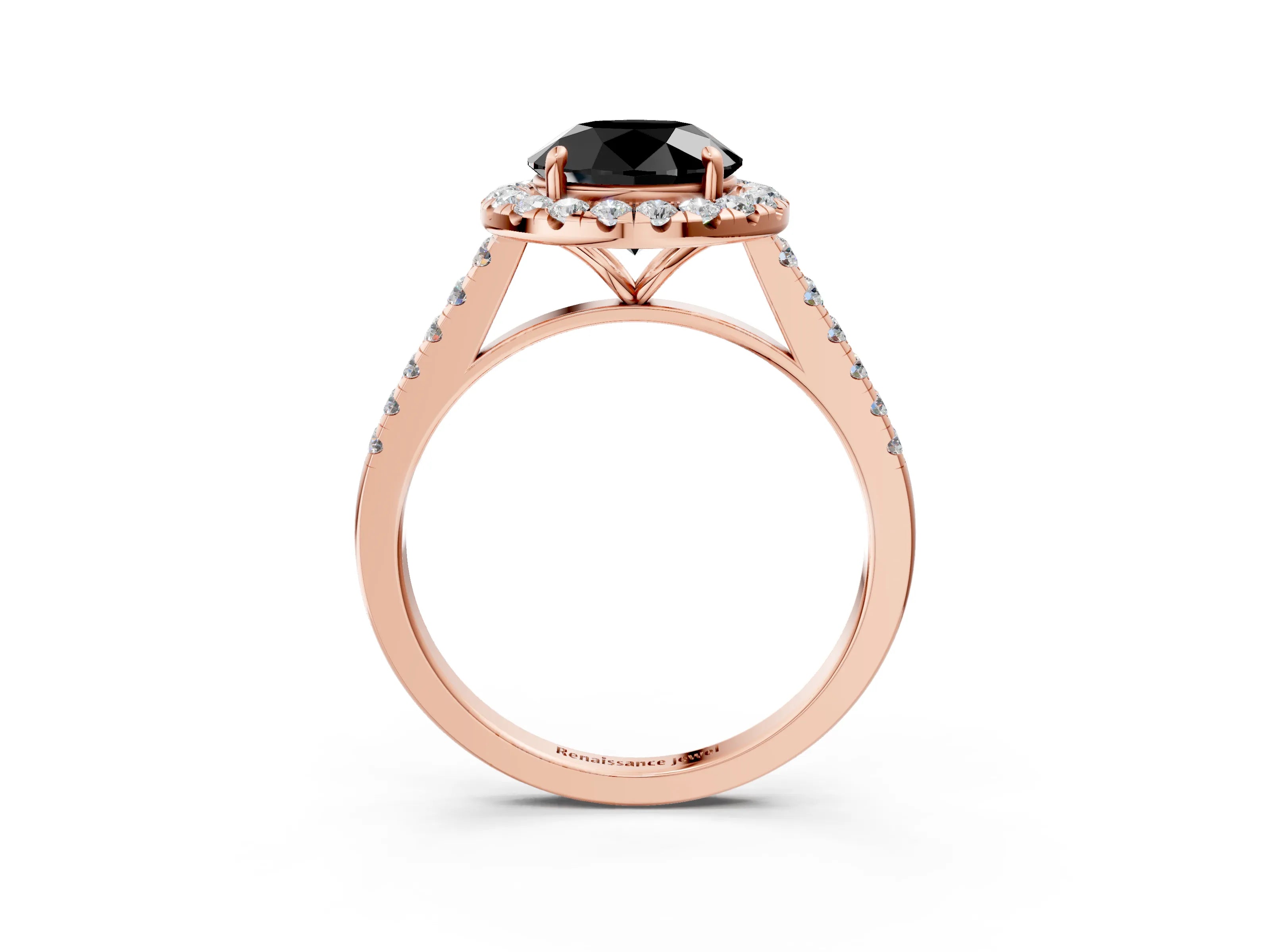 Rose gold Fancy Black Round Cut Halo Pave Diamond Engagement Ring with Four-Prong Setting_3