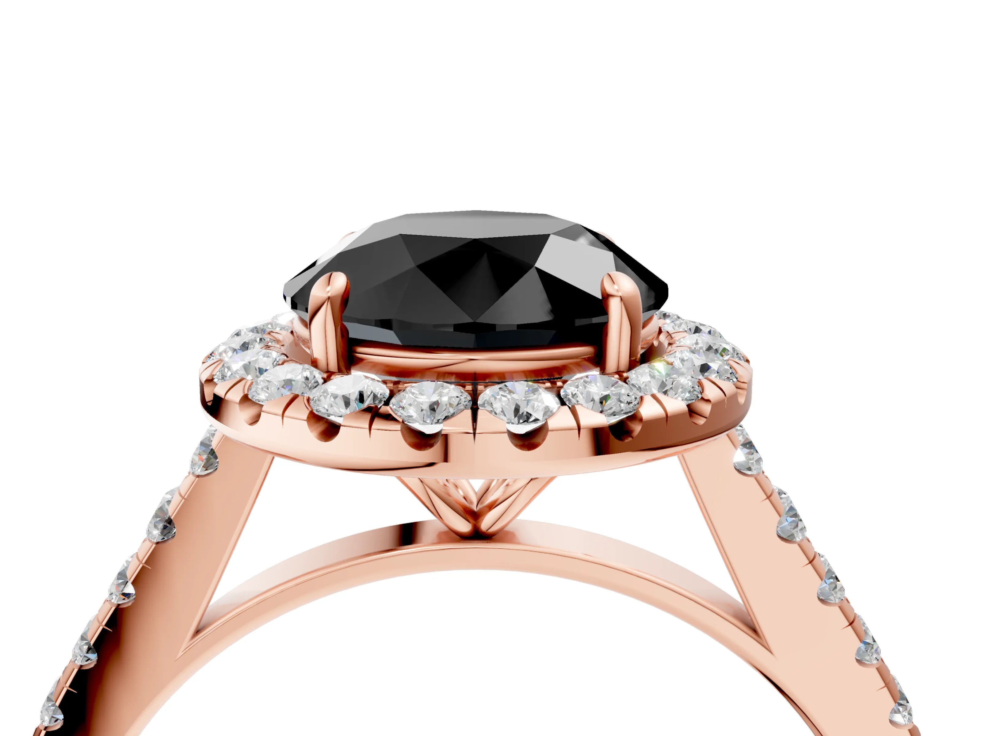 Rose gold Fancy Black Round Cut Halo Pave Diamond Engagement Ring with Four-Prong Setting_4