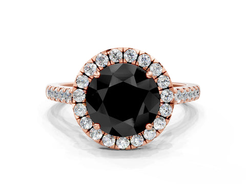 Rose gold Fancy Black Round Cut Halo Pave Diamond Engagement Ring with Four-Prong Setting