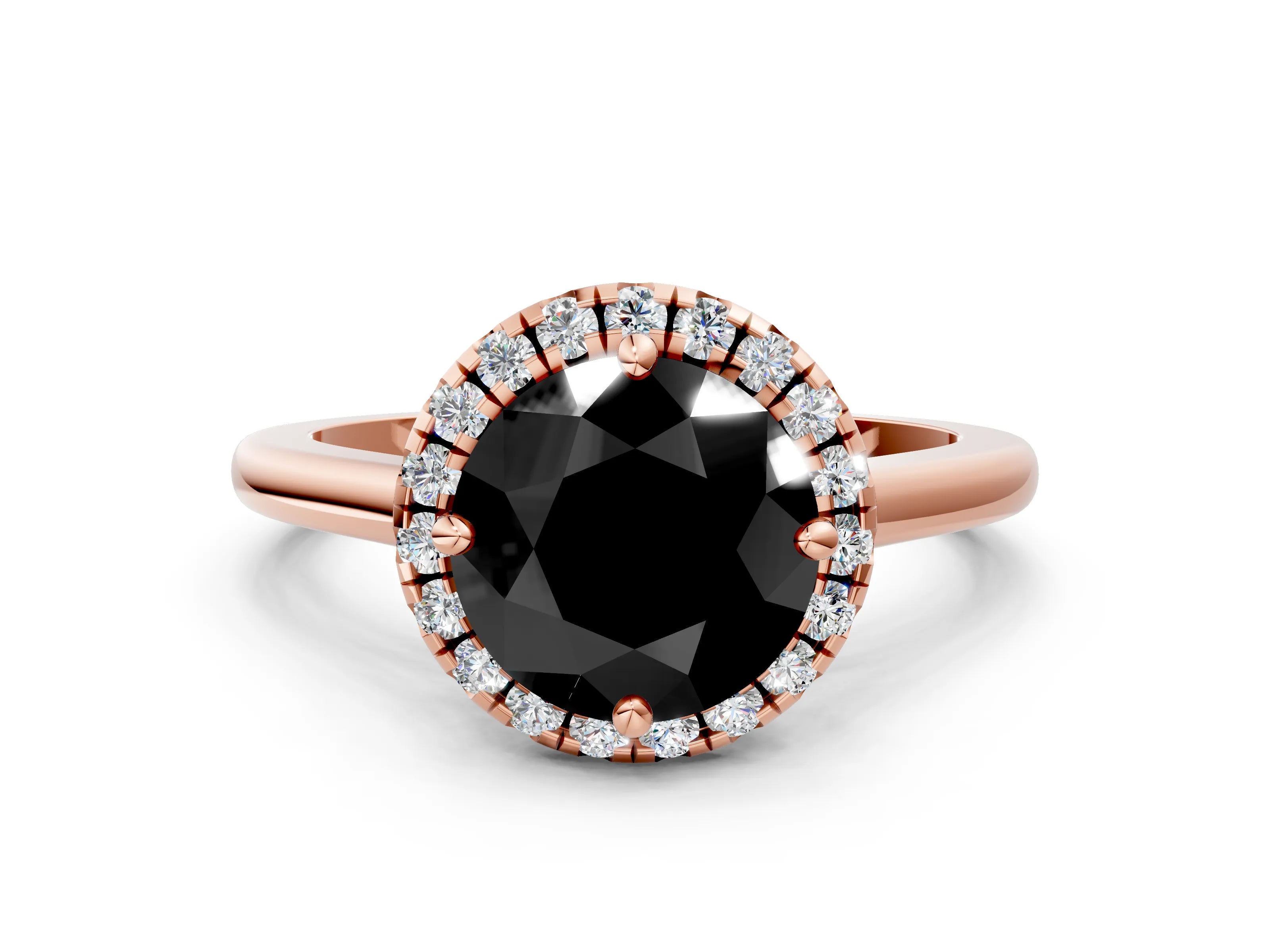 Rose gold Fancy Black Round Cut Halo Round Diamond Solitaire Engagement Ring with Pave Band and Four-Prong Setting_12