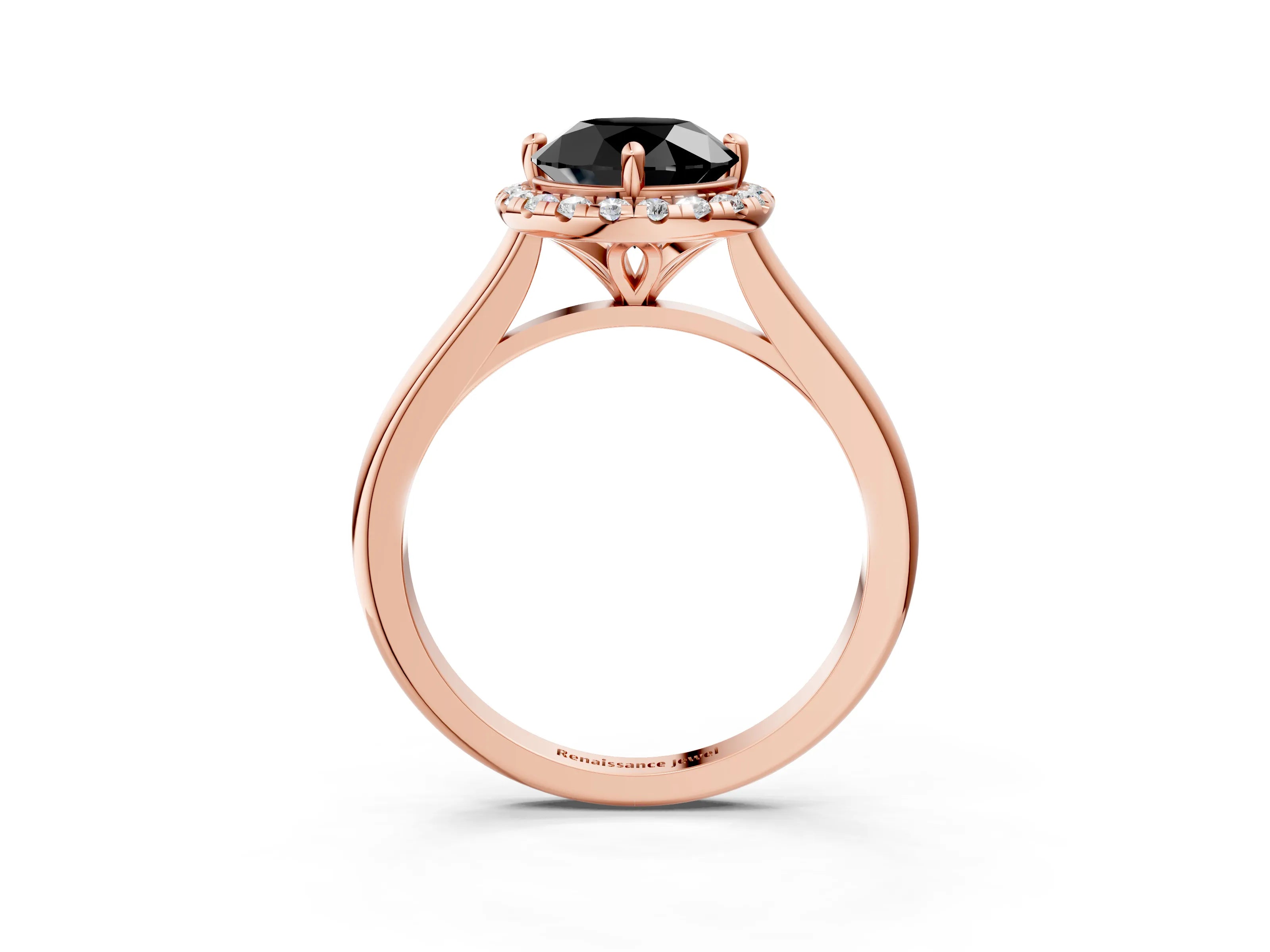 Rose gold Fancy Black Round Cut Halo Round Diamond Solitaire Engagement Ring with Pave Band and Four-Prong Setting_15