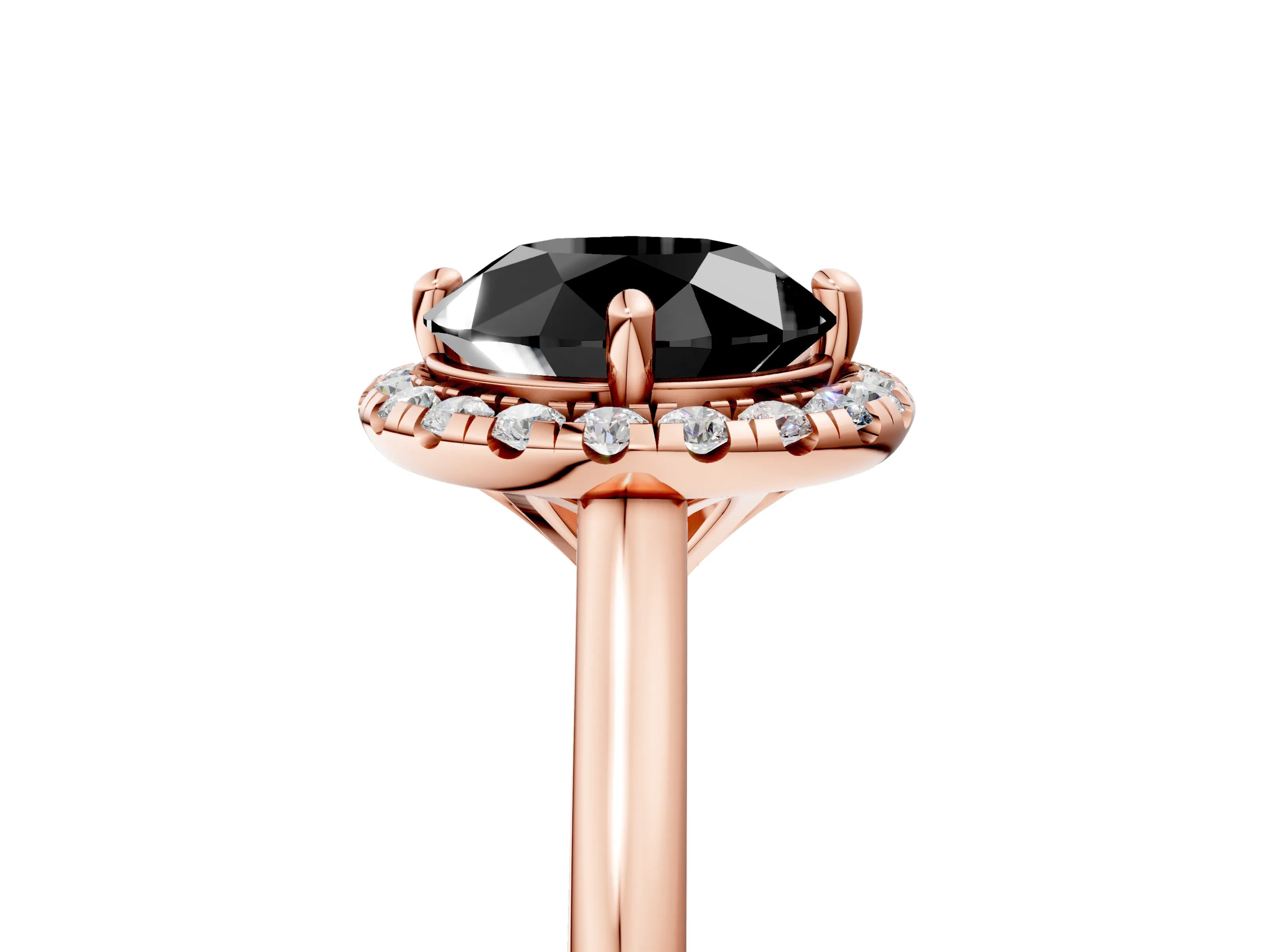 Rose gold Fancy Black Round Cut Halo Round Diamond Solitaire Engagement Ring with Pave Band and Four-Prong Setting_17