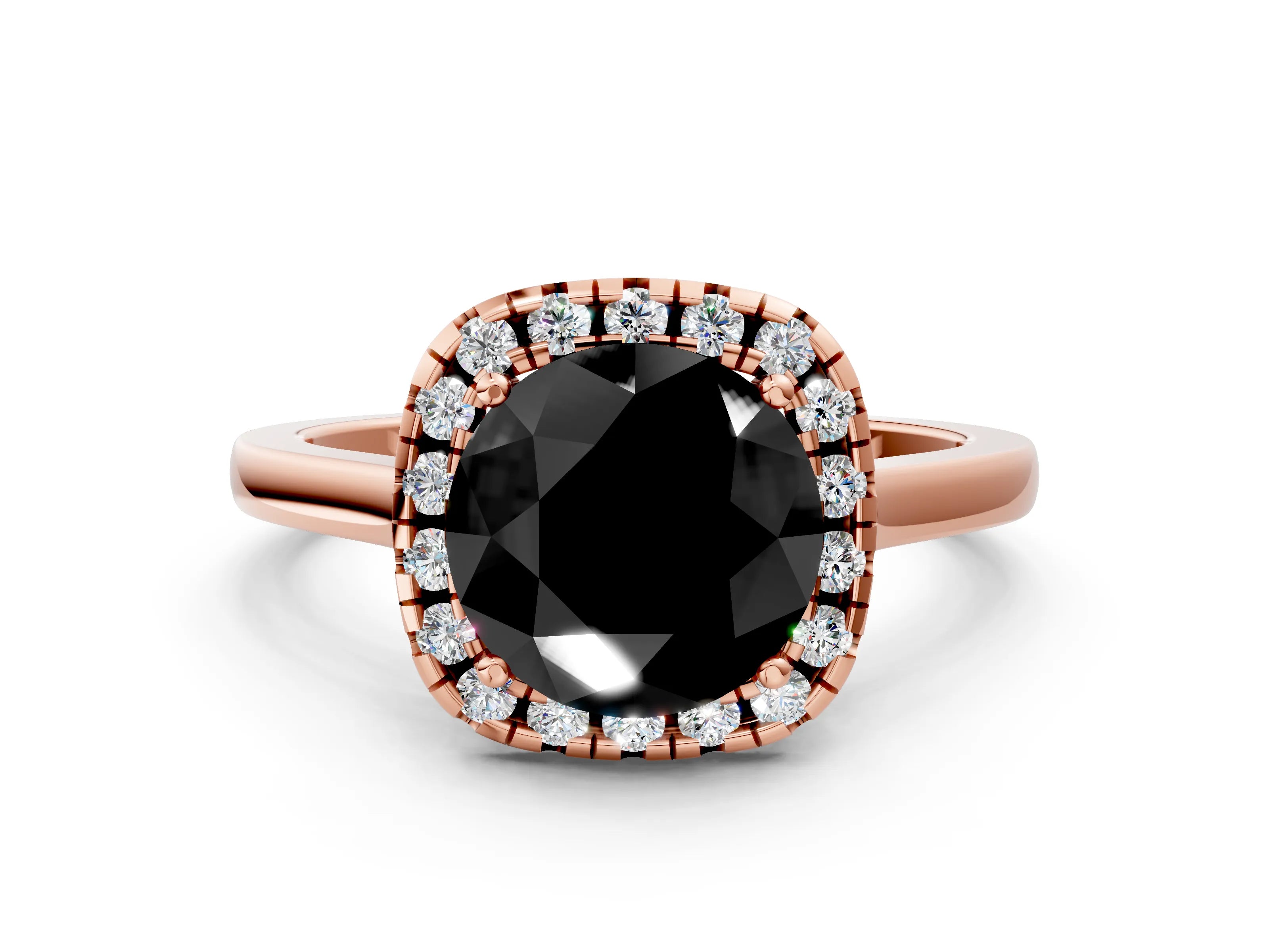 Rose gold Fancy Black Round Cut Halo Round Diamond Solitaire Ring with Pavé Band and Four-Prong Setting