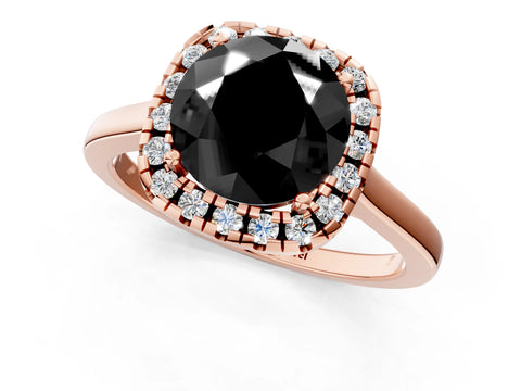 Rose gold Fancy Black Round Cut Halo Round Diamond Solitaire Ring with Pavé Band and Four-Prong Setting_1