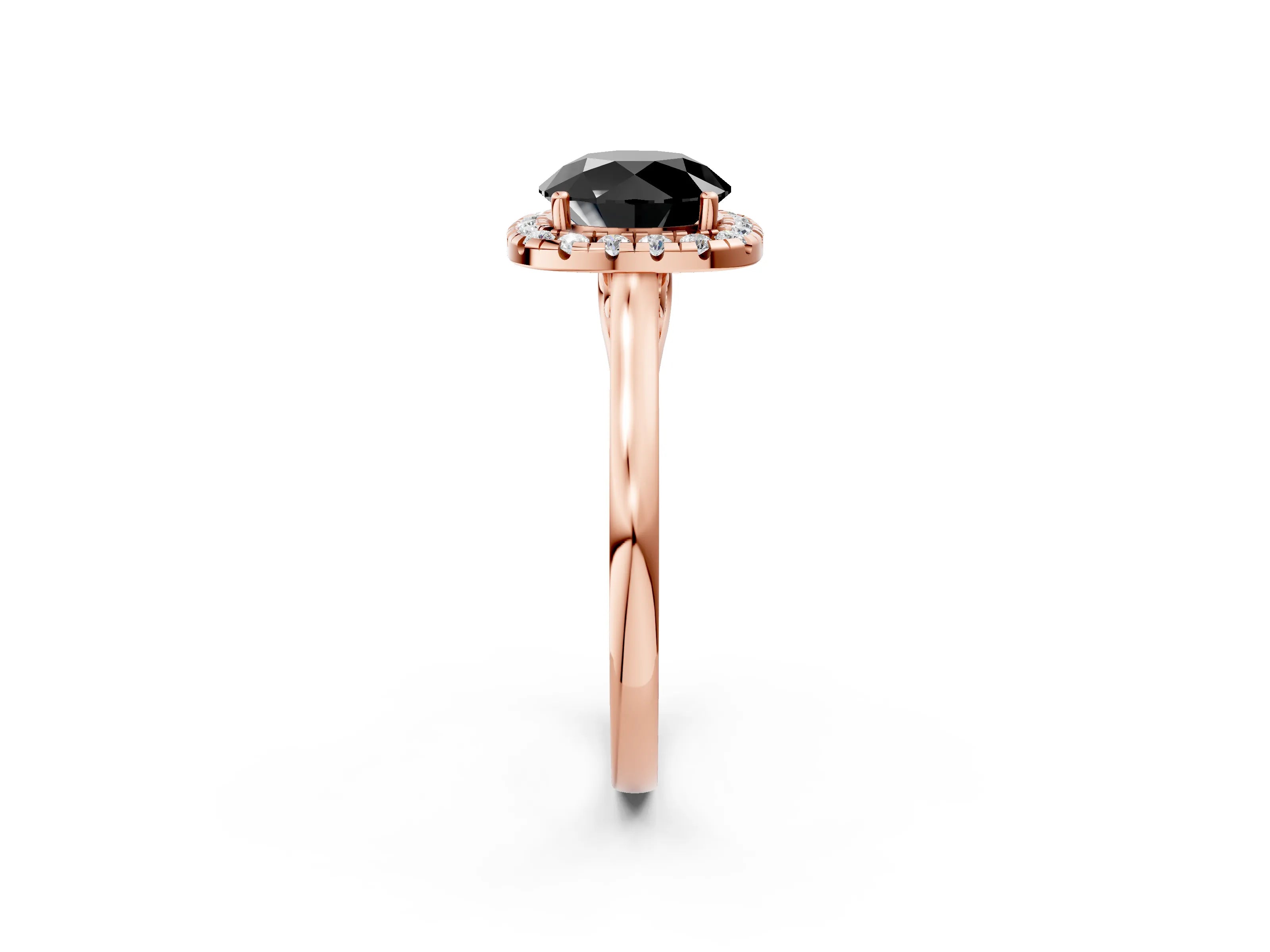 Rose gold Fancy Black Round Cut Halo Round Diamond Solitaire Ring with Pavé Band and Four-Prong Setting_2
