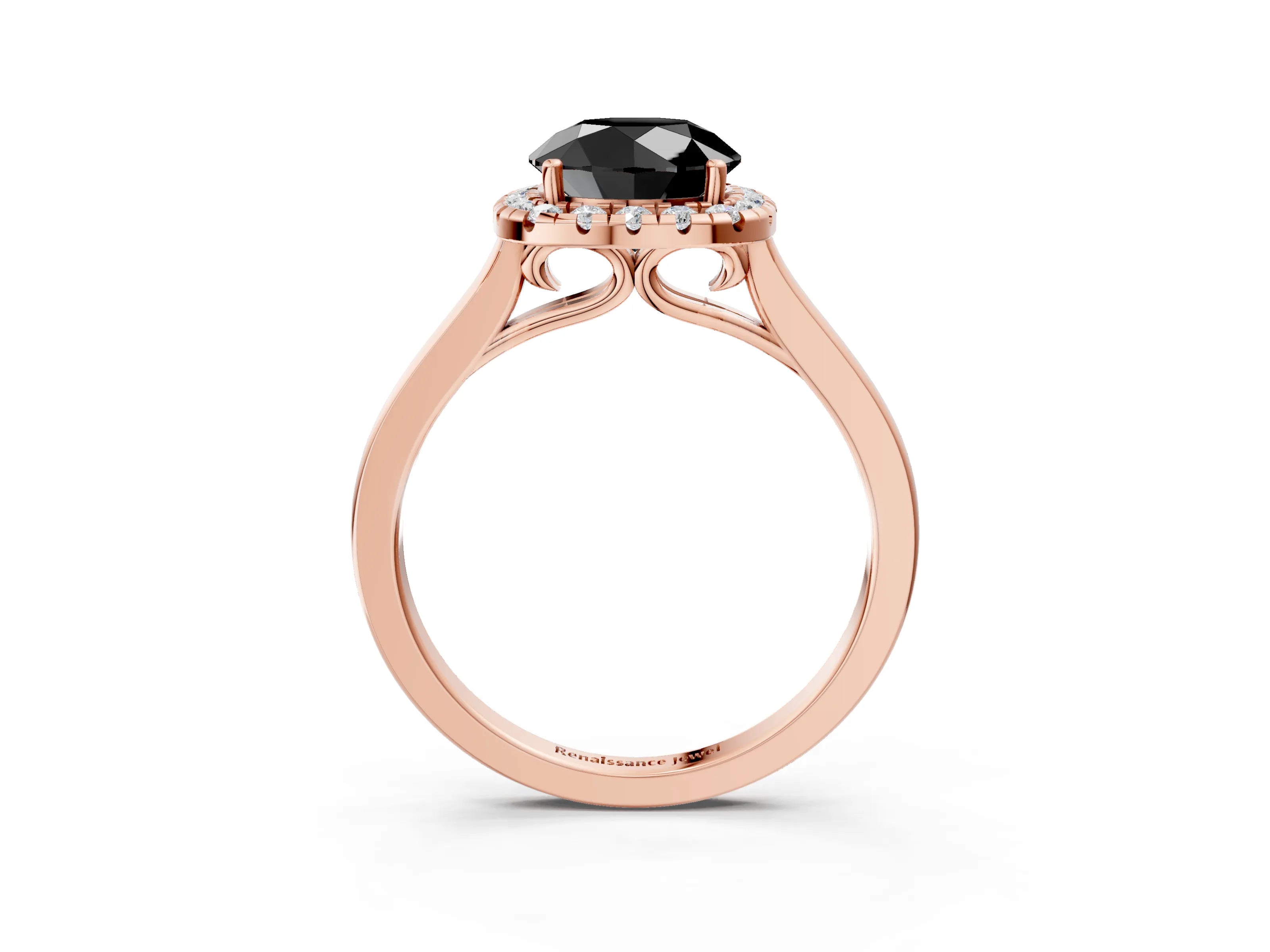 Rose gold Fancy Black Round Cut Halo Round Diamond Solitaire Ring with Pavé Band and Four-Prong Setting_3