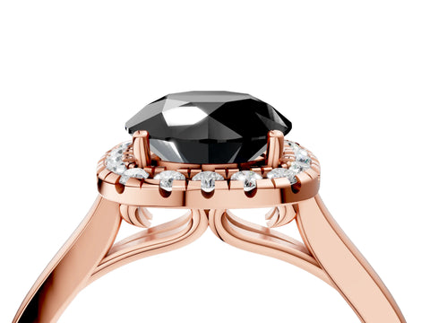 Rose gold Fancy Black Round Cut Halo Round Diamond Solitaire Ring with Pavé Band and Four-Prong Setting_4