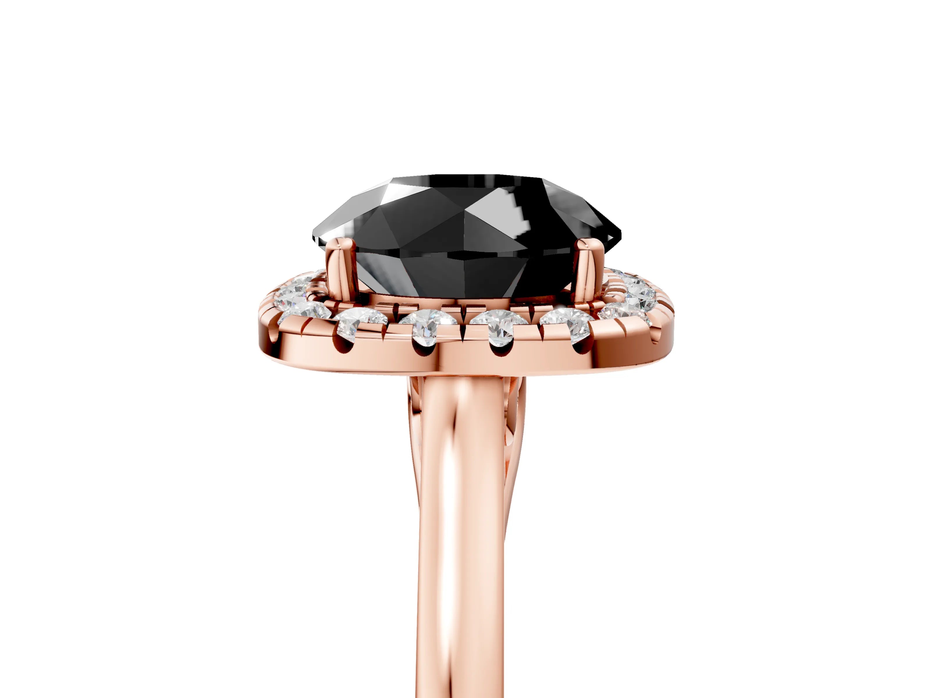 Rose gold Fancy Black Round Cut Halo Round Diamond Solitaire Ring with Pavé Band and Four-Prong Setting_5
