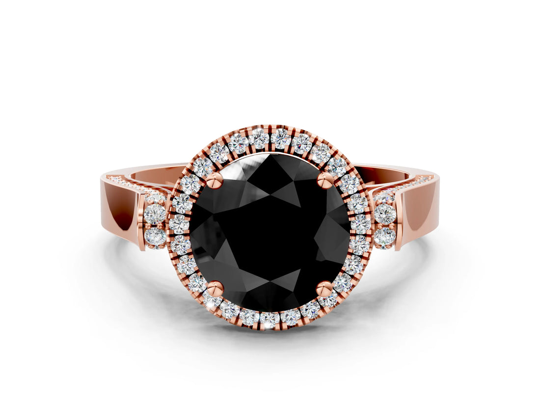 Rose gold Fancy Black Round Cut Halo Round Diamond Twist Band with Four-Prong Setting