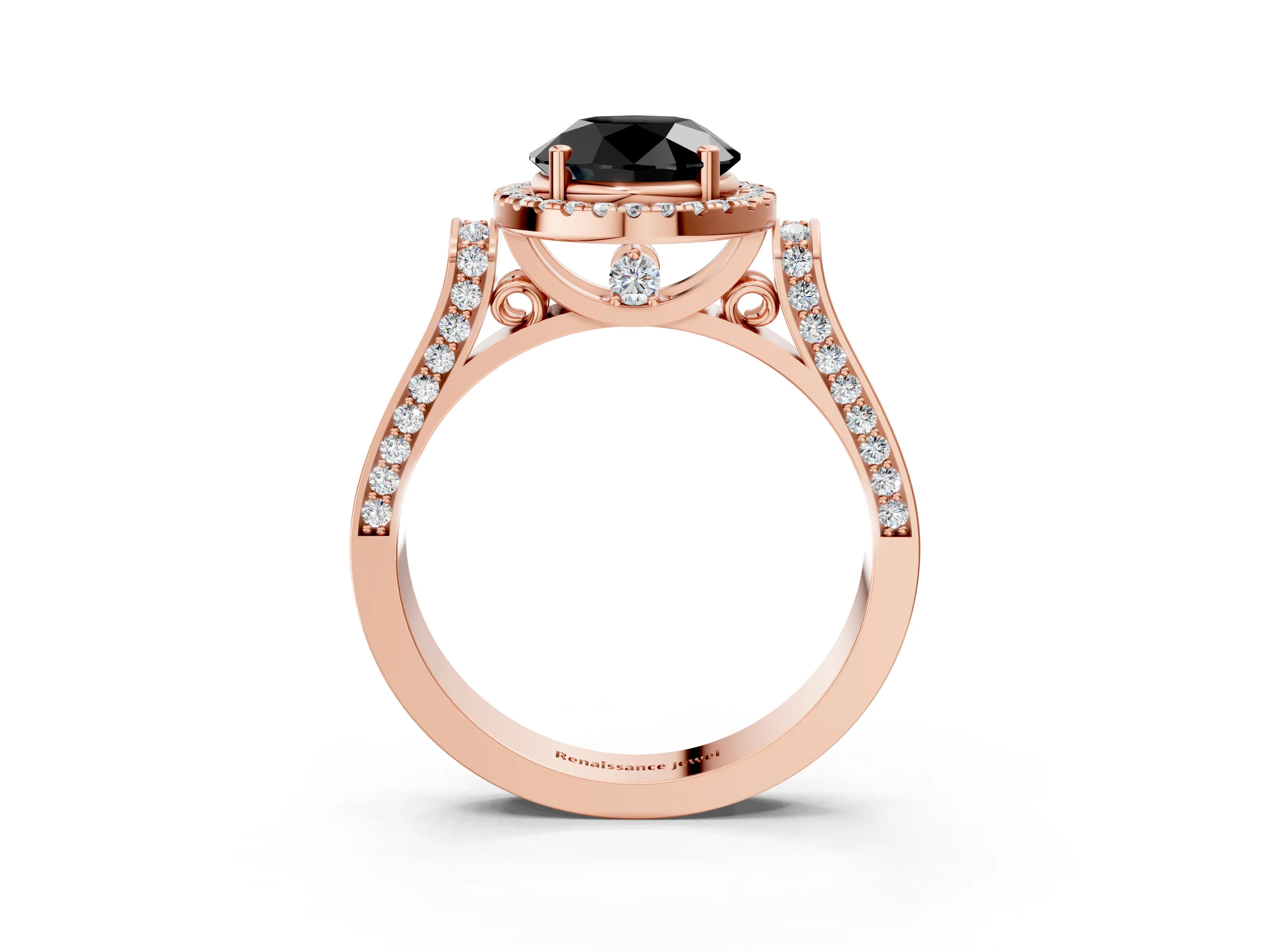 Rose gold Fancy Black Round Cut Halo Round Diamond Twist Band with Four-Prong Setting_3